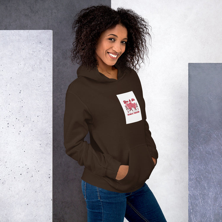 Dark brown unisex hoodie with hood, front pocket, and square chest graphic patch