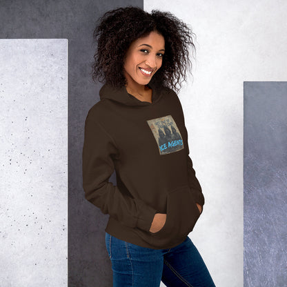 Unisex dark chocolate hoodie with front “Ice Agents” graphic patch