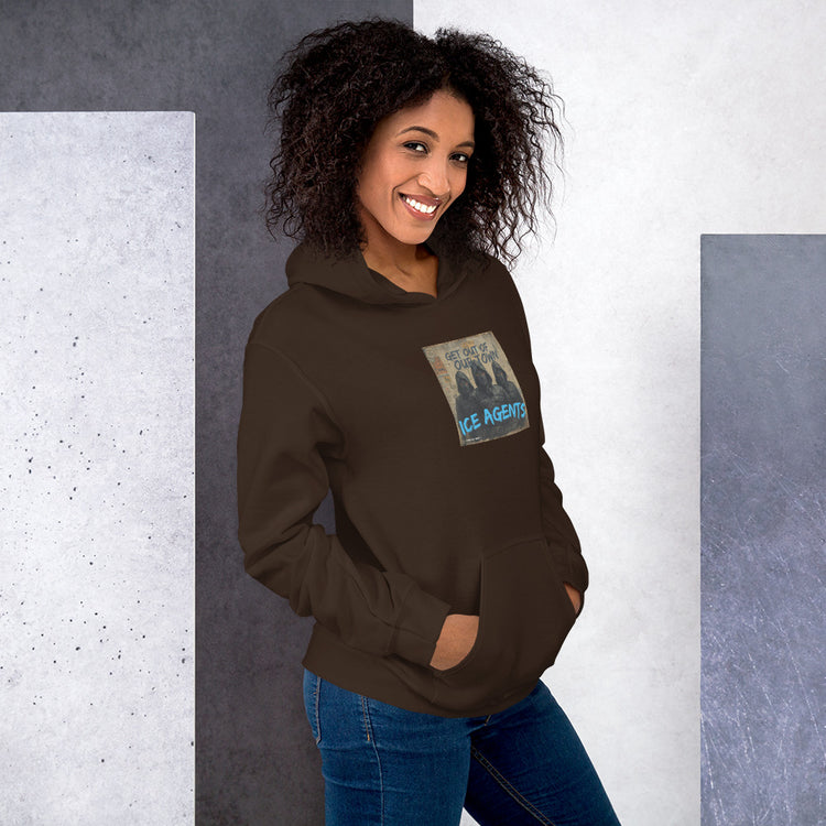 Unisex dark chocolate hoodie with front “Ice Agents” graphic patch