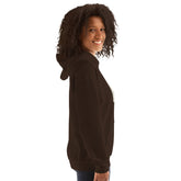 Dark hoodie, side view with relaxed sleeves and kangaroo pocket detail