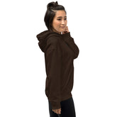 Dark chocolate unisex hoodie, hood up, front pocket and kangaroo pocket