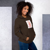 Dark brown hoodie with hood and chest graphic patch, front view