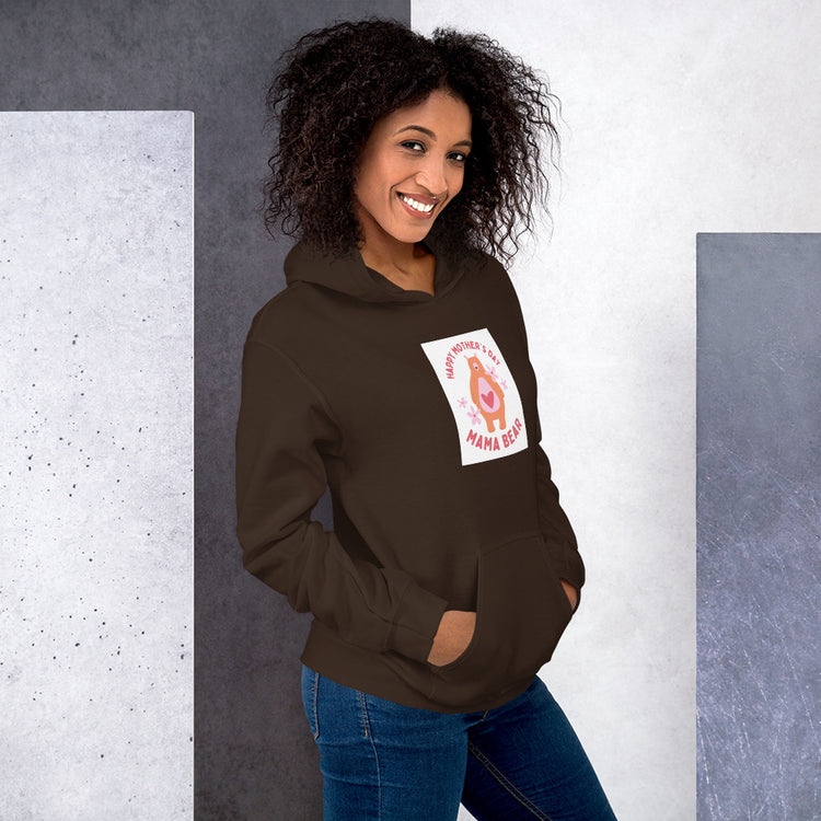 Dark brown hoodie with hood and chest graphic patch, front view