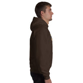 Dark chocolate unisex hoodie in side view with hood and kangaroo pocket