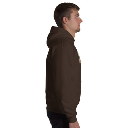 Dark chocolate unisex hoodie in side view with hood and kangaroo pocket