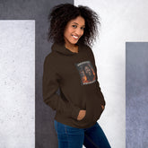 Dark brown streetwear hoodie with hood and chest graphic patch, kangaroo pocket