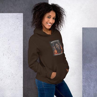 Dark brown streetwear hoodie with hood and chest graphic patch, kangaroo pocket