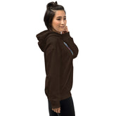 Dark chocolate hoodie with hood and graphic detail, side profile