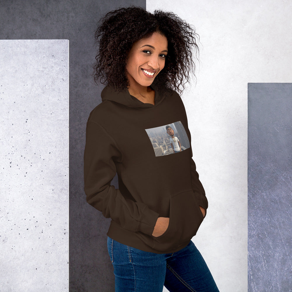 Dark chocolate pullover hoodie with hood, front pouch pocket, and chest graphic photo