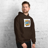 Dark brown unisex hoodie with hood and chest graphic print, front pouch pocket.