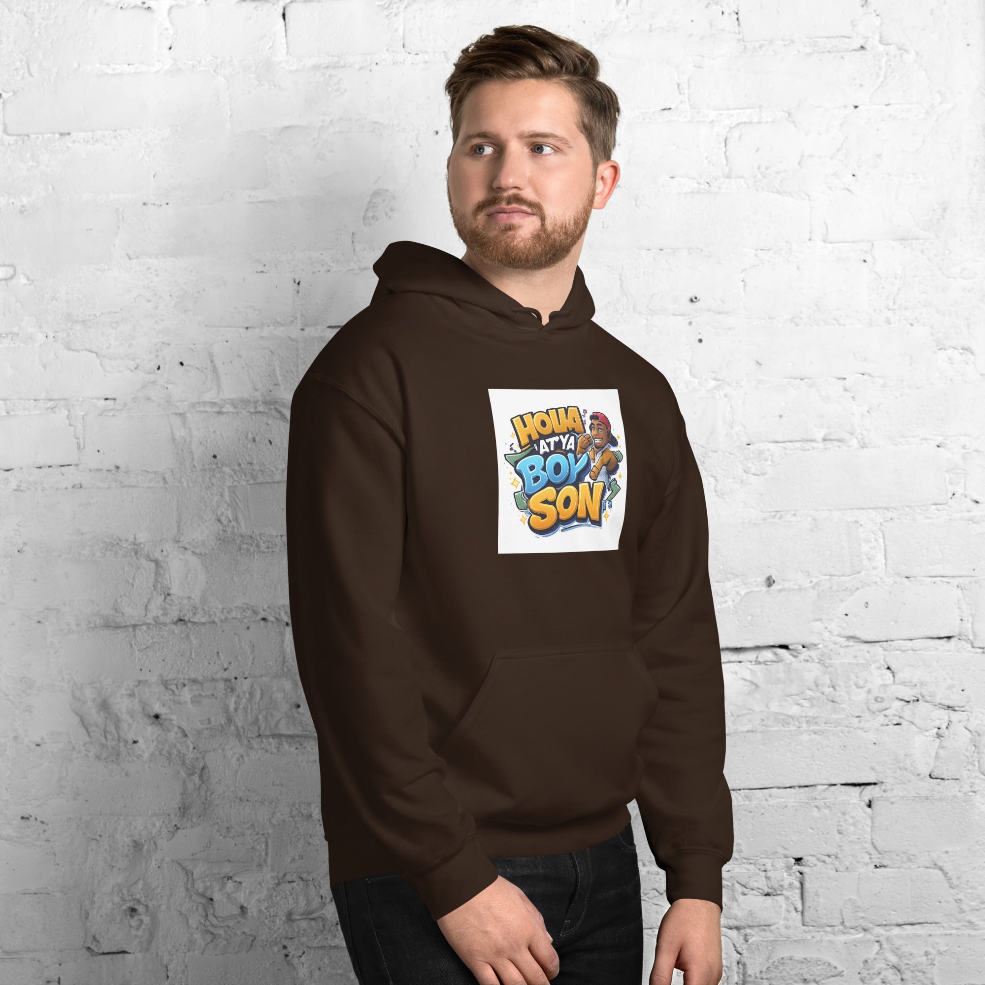 Unisex hoodie, dark brown, chest graphic print and hood with drawstrings