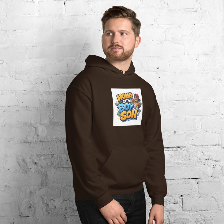 Dark brown unisex hoodie with hood and chest graphic print, front pouch pocket.