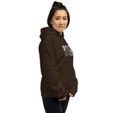 Dark brown unisex pullover hoodie with hood, kangaroo pocket, and chest graphic
