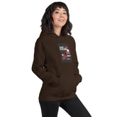 Unisex pullover hoodie, dark brown, chest graphic and kangaroo pocket