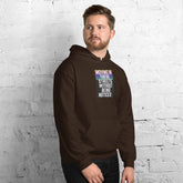 Unisex dark brown pullover hoodie with hood and chest text graphic, front pouch