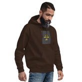 Dark brown unisex hoodie with hood, front pocket, and chest logo graphic