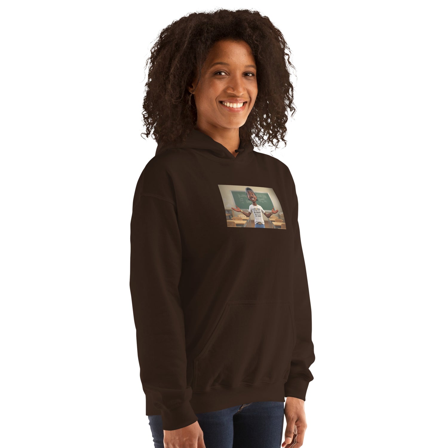 Unisex dark brown hoodie with chest graphic and kangaroo pocket