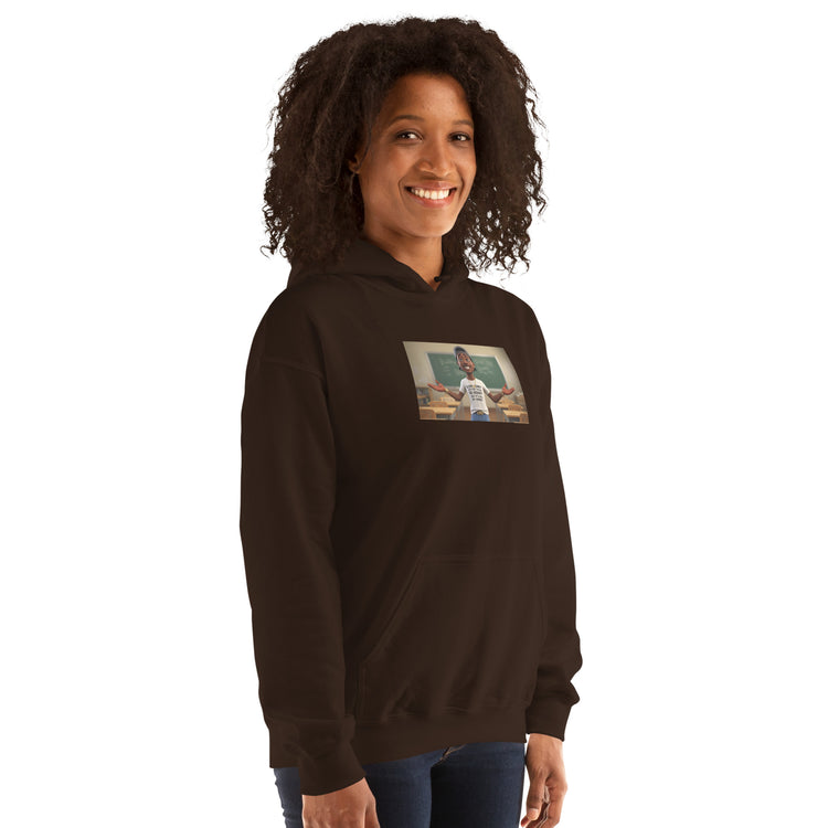 Unisex dark brown hoodie with chest graphic and kangaroo pocket