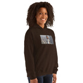 Dark brown unisex hoodie with hood, front pouch pocket, and chest graphic.