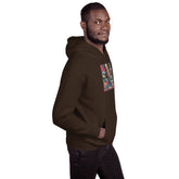 Dark brown unisex hoodie with hood, front pocket, and colorful chest graphic
