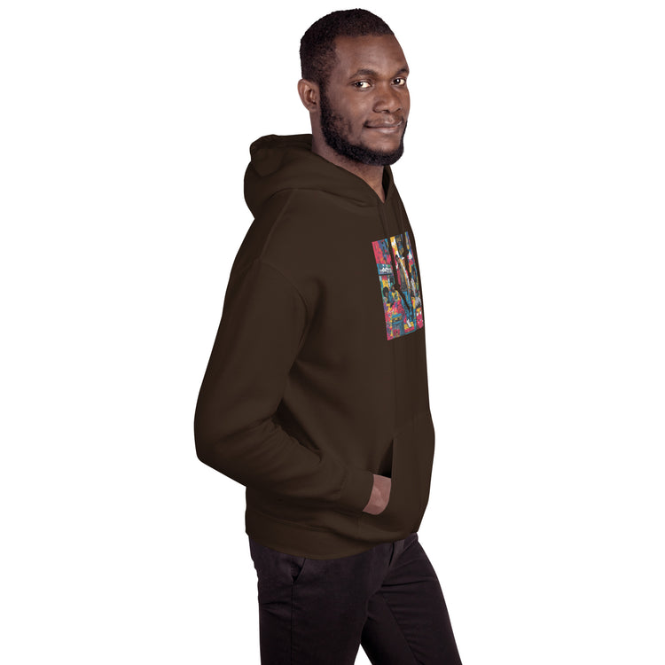 Dark brown unisex hoodie with hood, front pocket, and colorful chest graphic