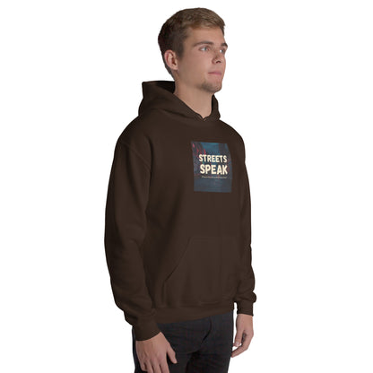Dark chocolate hoodie front view, hood, kangaroo pocket, “STREETS SPEAK” print