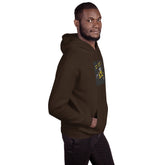 Olive-brown unisex pullover hoodie with hood and sleeve graphic patch
