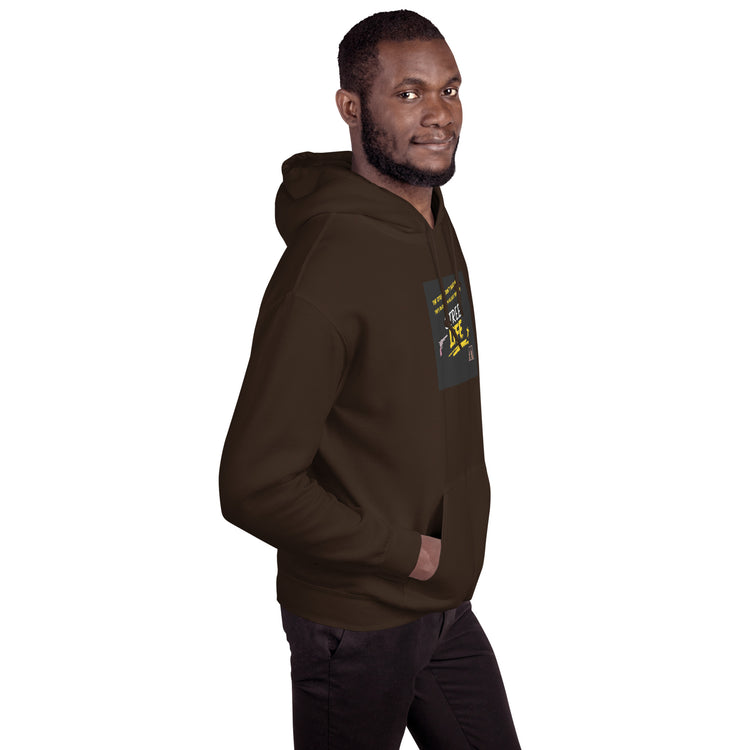 Olive-brown unisex pullover hoodie with hood and sleeve graphic patch