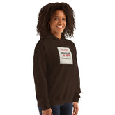 Dark hoodie front view with graphic square patch and kangaroo pocket