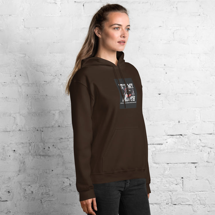 Unisex dark brown hoodie with hood, front graphic, and kangaroo pocket