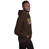 Dark brown unisex hoodie with hood, front graphic patch, and kangaroo pocket