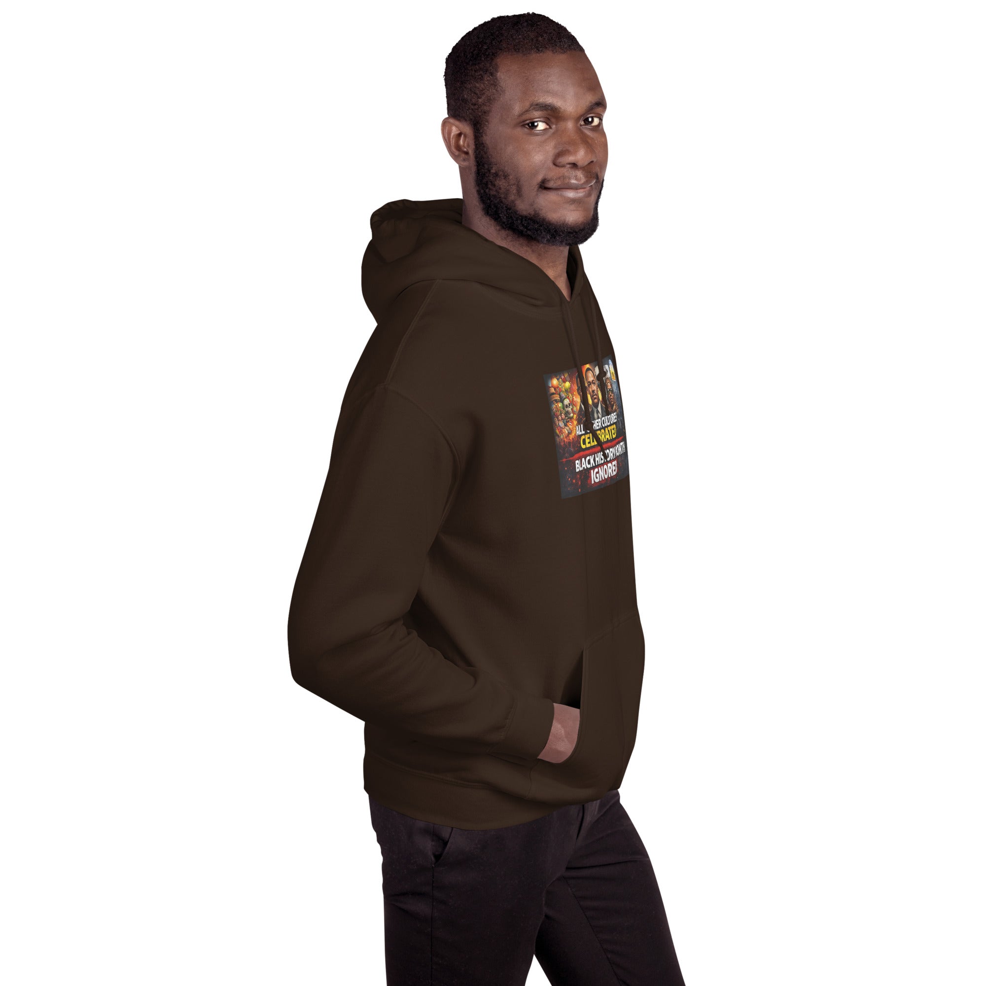 Dark chocolate unisex hoodie side quarter view with hood and front graphic