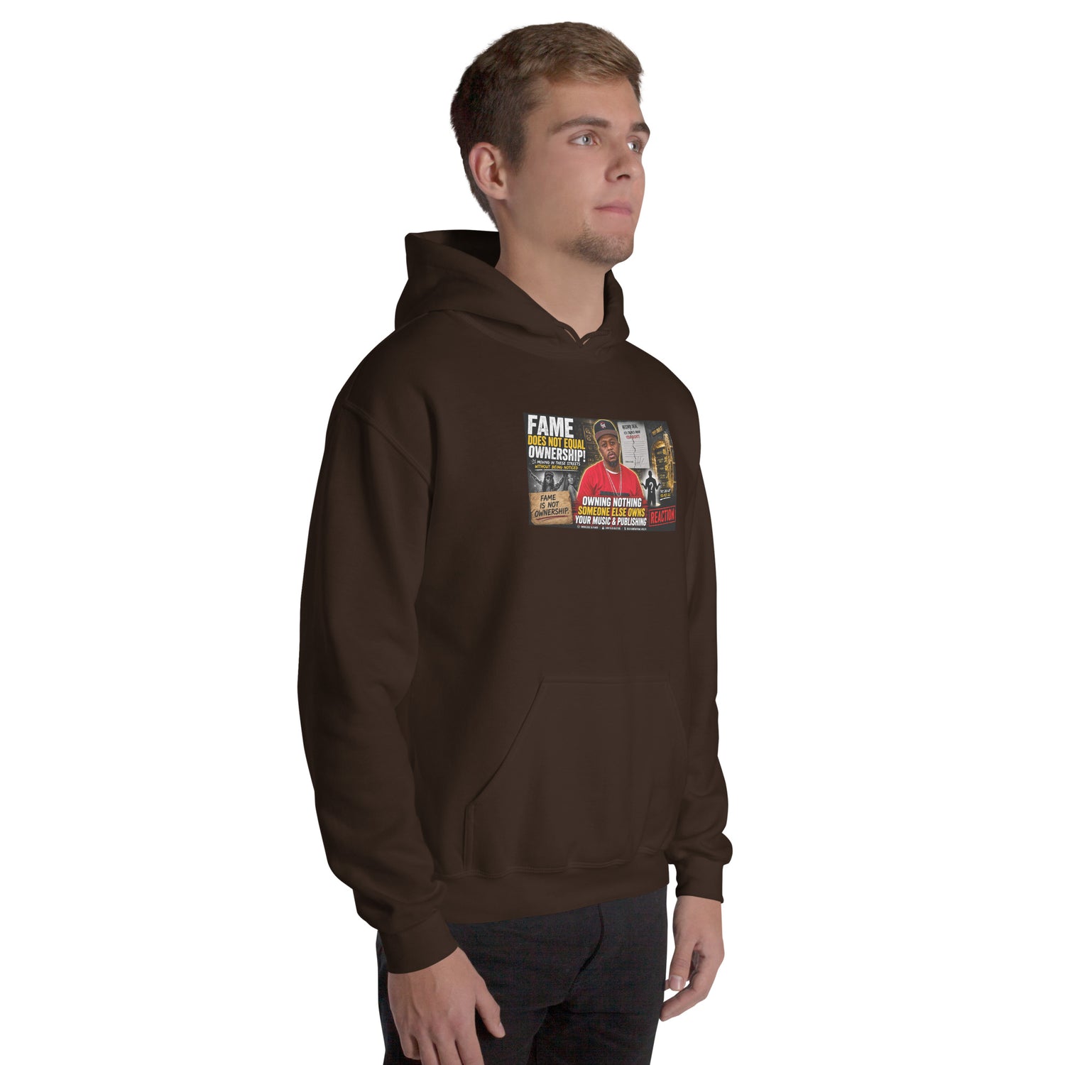 Dark chocolate unisex hoodie with hood, kangaroo pocket, and chest graphic print
