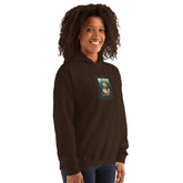 Black hoodie with printed chest graphic, hooded front view