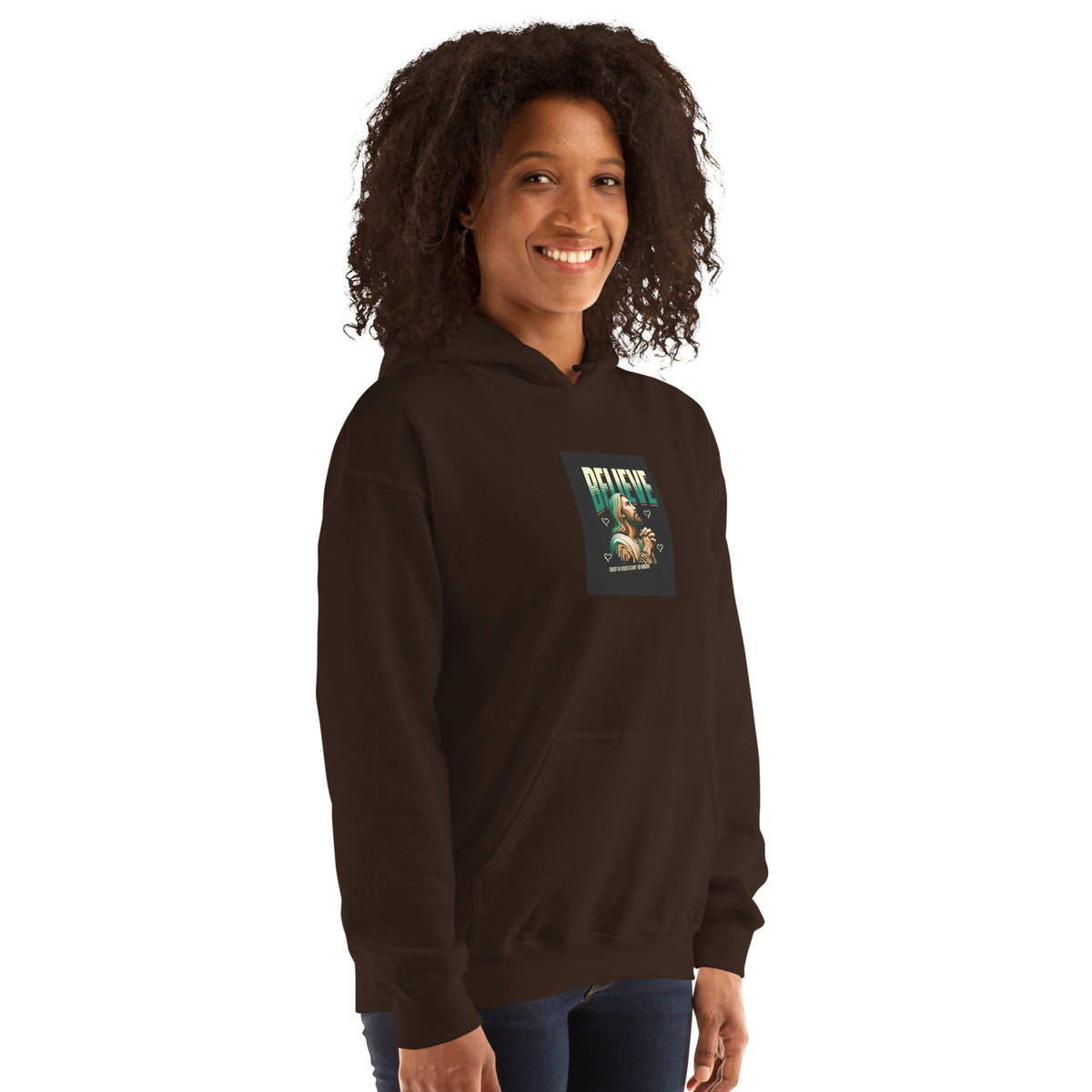 Black hoodie with printed chest graphic, hooded front view