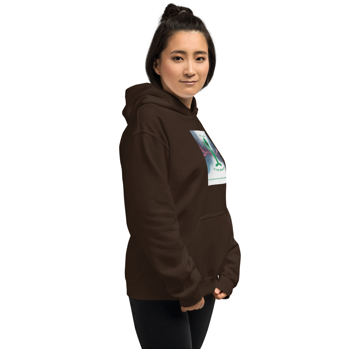 Dark chocolate pullover hoodie with hood, kangaroo pocket, and front graphic