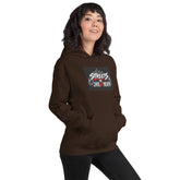 Dark brown unisex hoodie, front view with hood, graphic chest logo, and kangaroo pocket