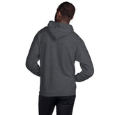 Dark heather gray hoodie with hood and back view, side drape detail