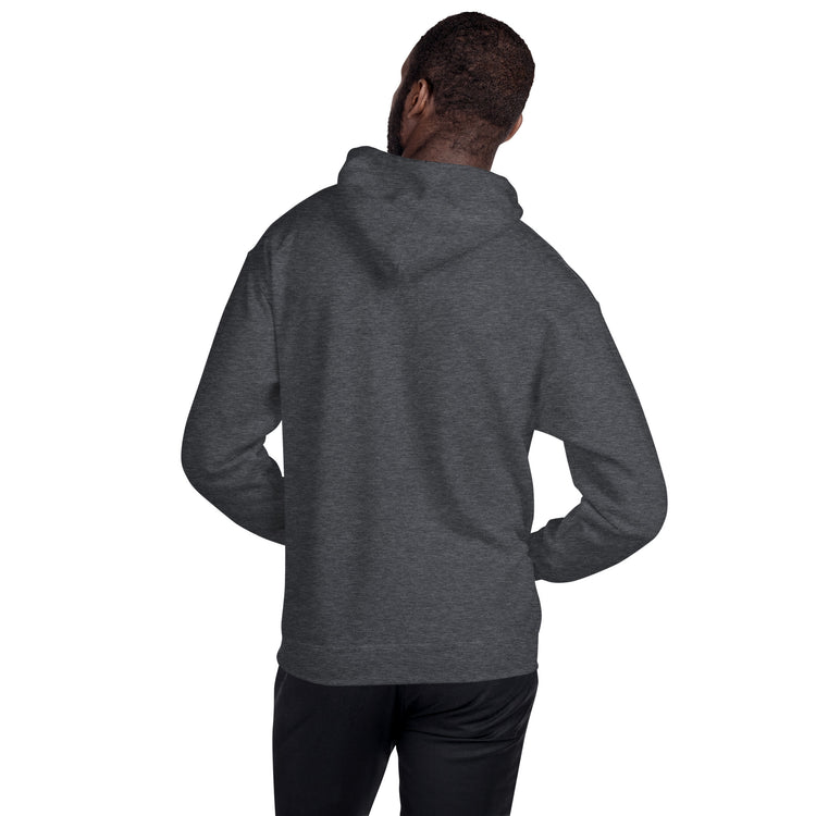 Dark heather gray hoodie with hood and back view, side drape detail