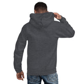 Dark heather gray unisex hoodie, back view with hood and full-length sleeves