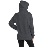 Unisex pullover hoodie, dark heather gray, rear view with hood and kangaroo pocket