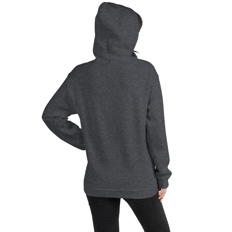 Unisex pullover hoodie, dark heather gray, rear view with hood and kangaroo pocket
