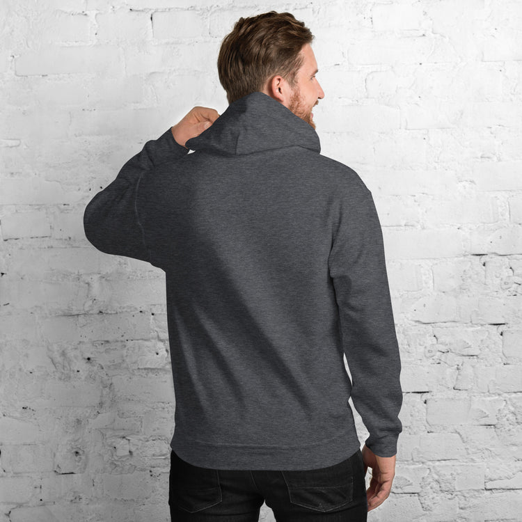 Dark heather unisex hoodie back view with hood and long sleeves