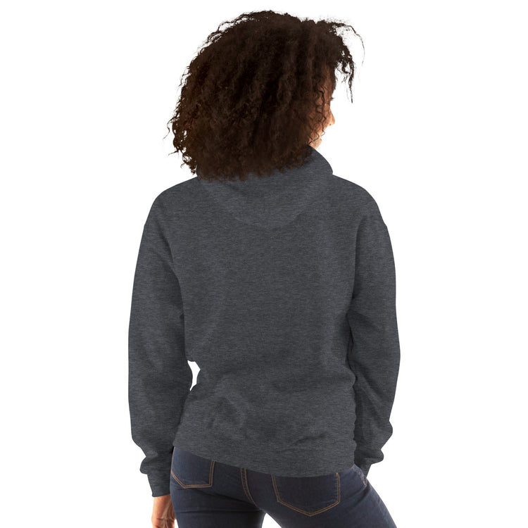 Heather gray unisex hoodie, back view with hood and long sleeves