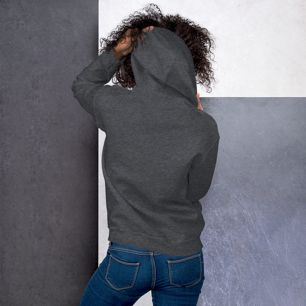 Unisex hoodie in dark heather gray, back view with hood and pocket opening.