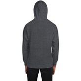 Gray unisex pullover hoodie from the back with hood
