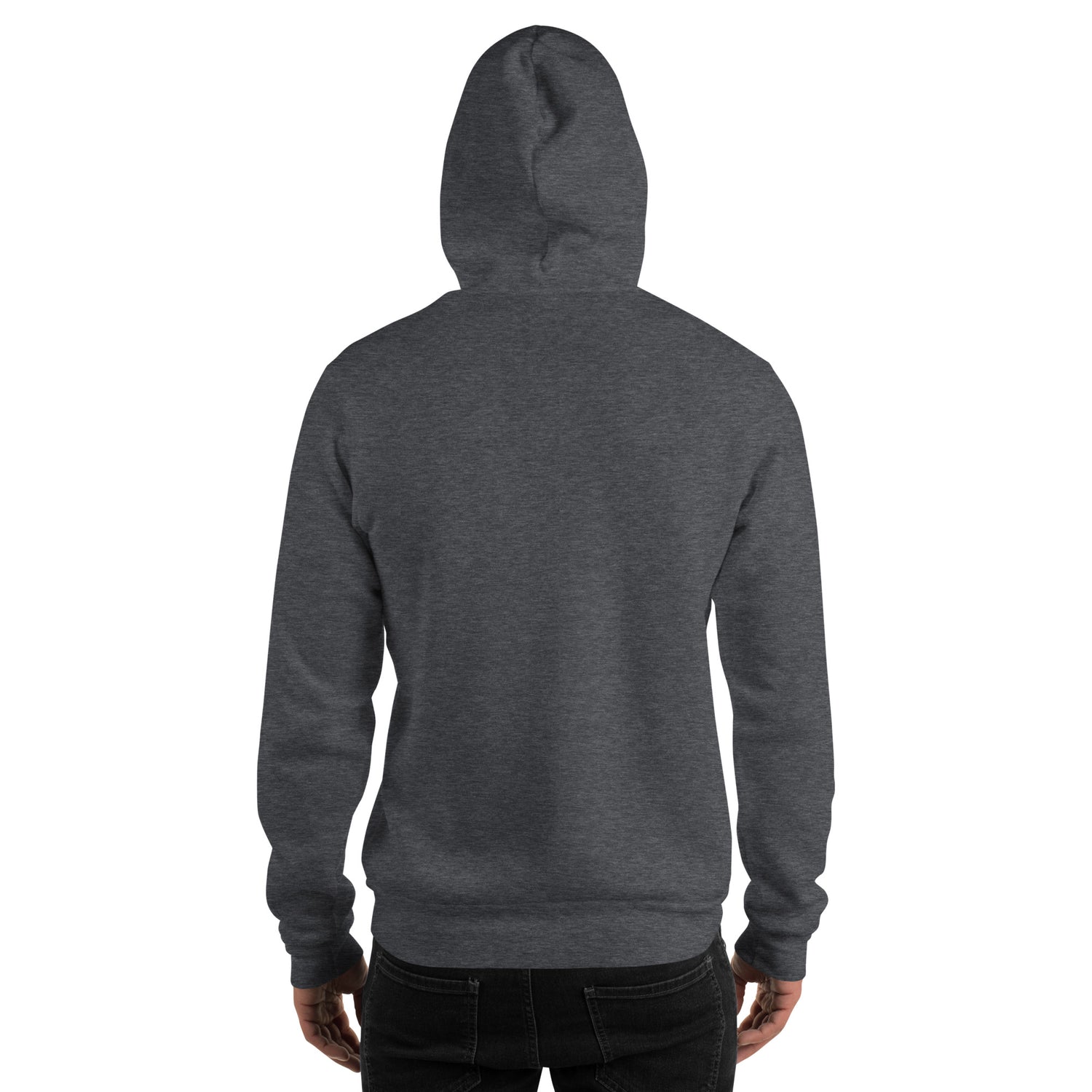 Unisex hoodie, dark heather gray, plain back view with hood