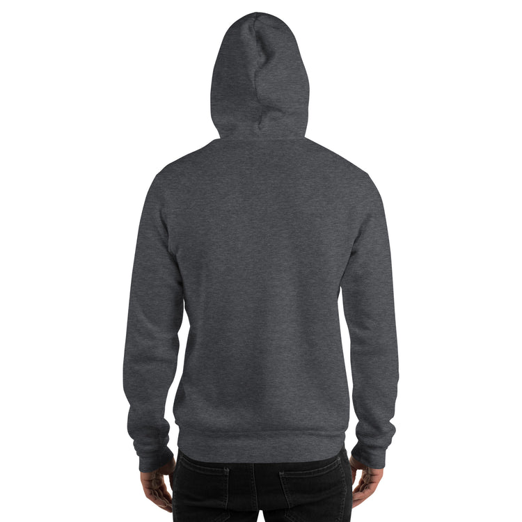 Unisex heather gray hoodie, back view, with hood and pouch pocket.