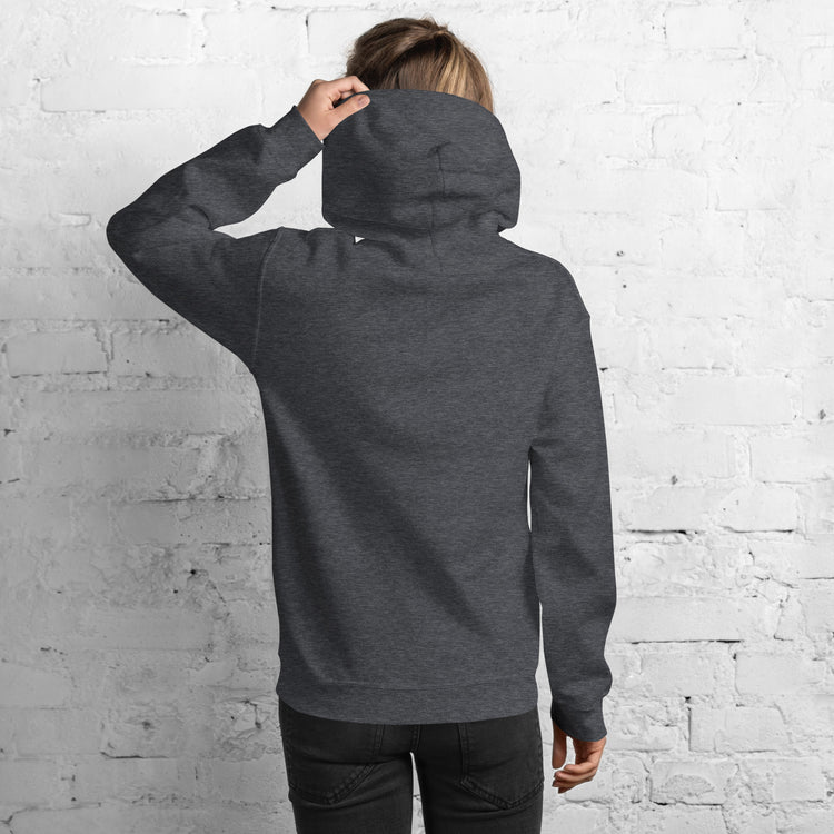 Dark gray unisex hoodie with hood and front pouch pocket, long sleeves, back view