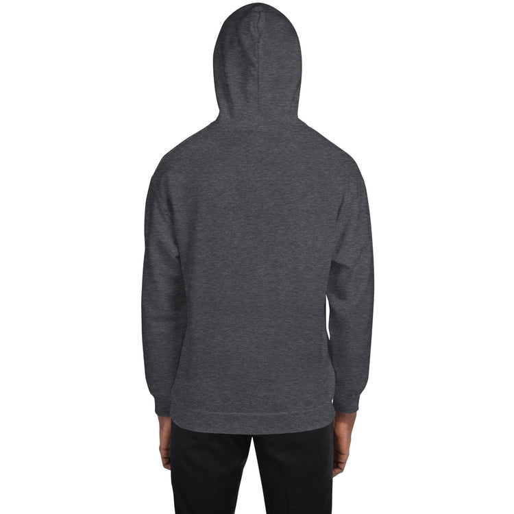 Dark heather gray hoodie with hood and plain back view